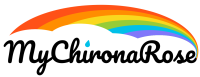 My Chirona Rose in black script with a rainbow coming out of the "e" over the text and a cloud shape underneath. The dot on the "i" is a blue tear drop
